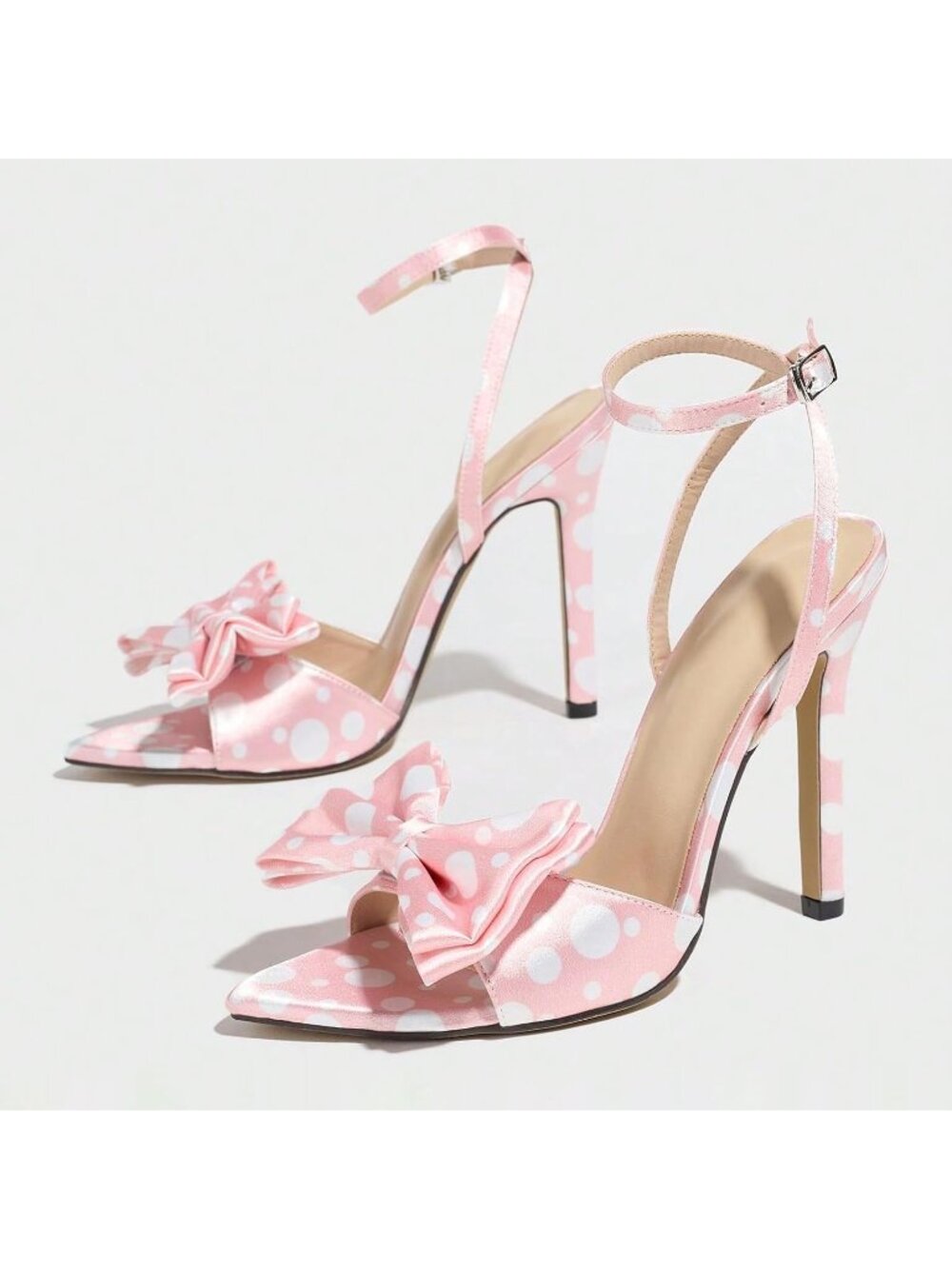 Women's Light Pink Polka Dot Bow Stiletto Open Toe Adjust Ankle Strap High Heels